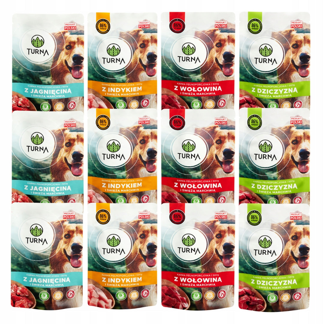 Mokra Karma Dla Psa Turna WIELKI MIX 4 Smaków 86% Mięsa Saszetka 12x500g