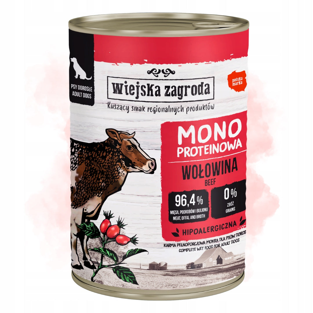 Wiejska Zagroda MONOBIAŁKOWA Mokra Karma Dla Psa Wołowina 96,4% Mięsa 400g