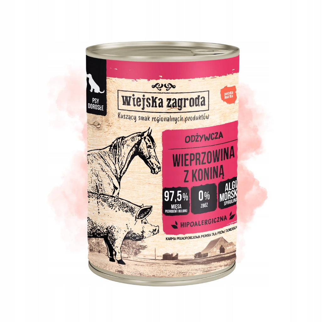 WIEJSKA ZAGRODA Mokra Karma Dla Psa Wieprzowina Koniną 97% Mięsa 400g