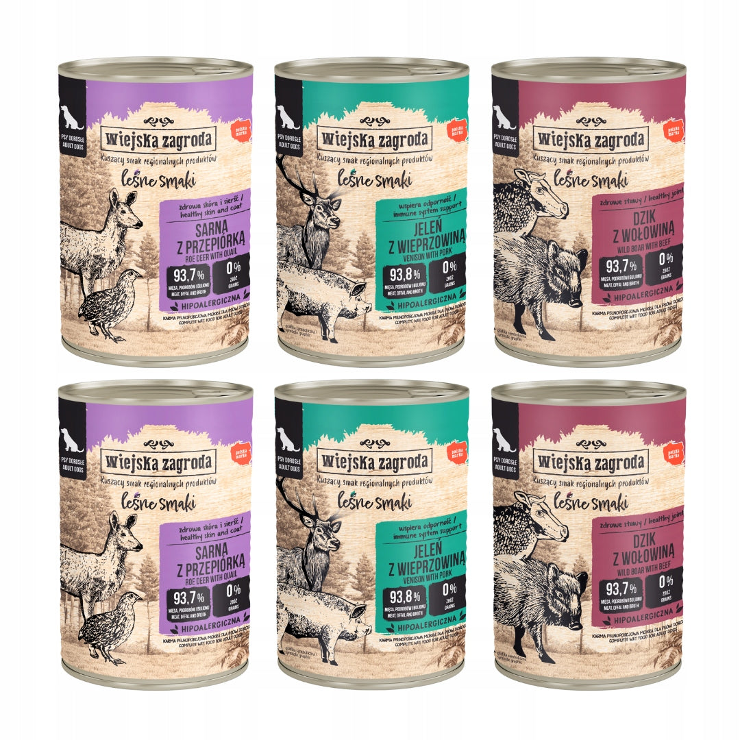Wiejska Zagroda Mokra Karma Dla Psa WIELKI MIX 3 smaków Leśne smaki 6x400g