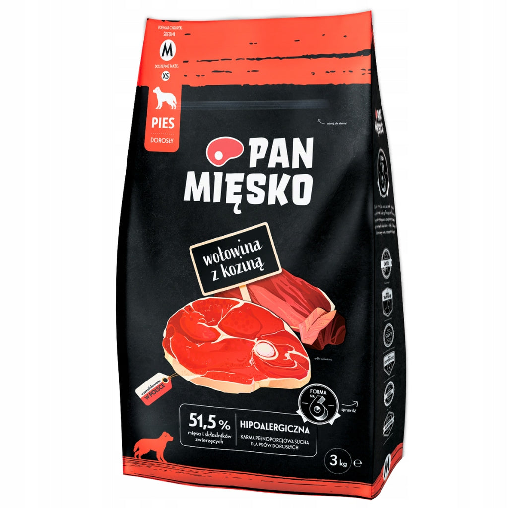 Pan Mięsko Karma Sucha Dla Psa Wołowina z Koziną Chrupki M 3kg