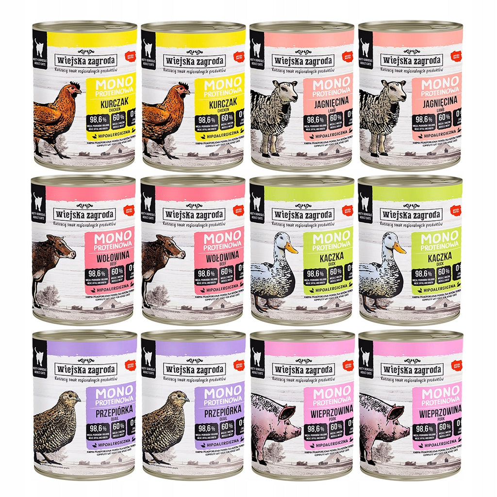 Wiejska Zagroda Mokra Karma Dla Kota Monobiałkowa MIX 4 SMAKÓW 12x400g