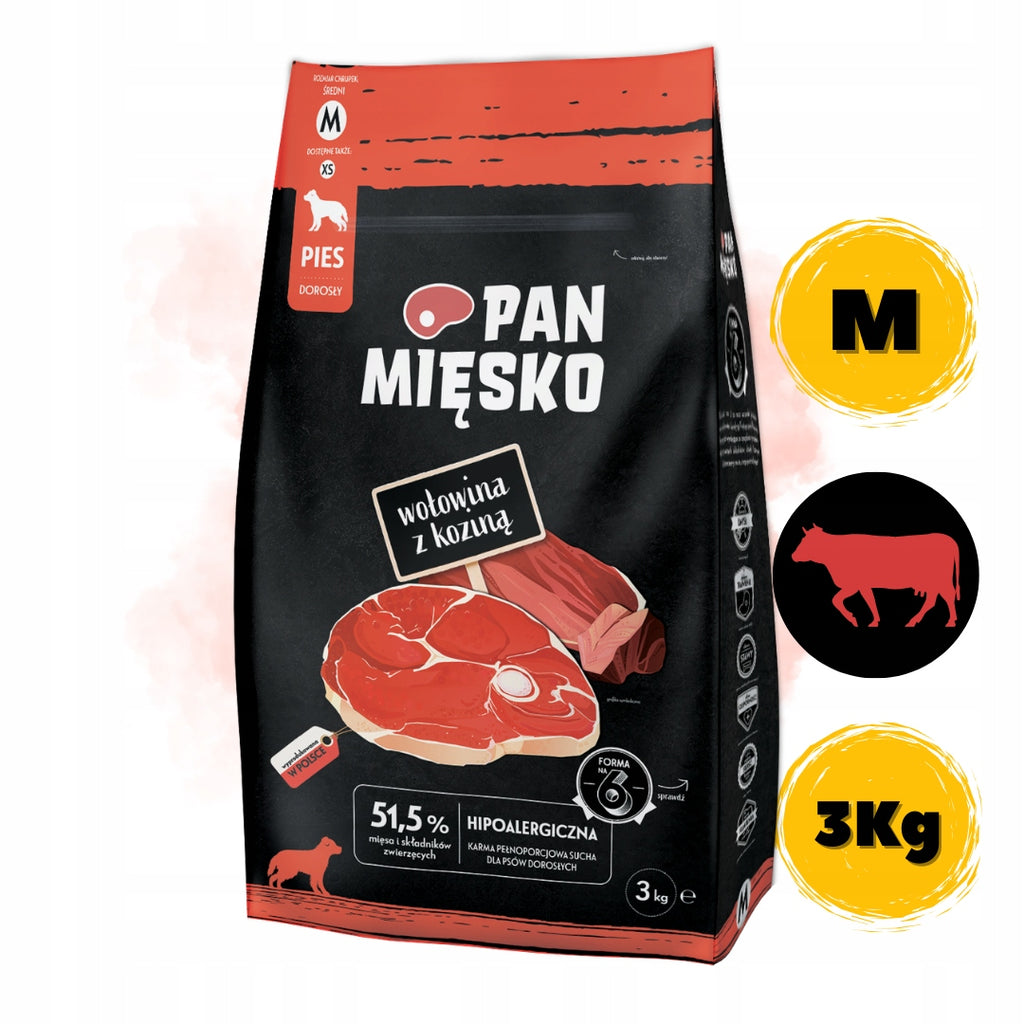 Pan Mięsko Karma Sucha Dla Psa Wołowina z Koziną Chrupki M 3kg