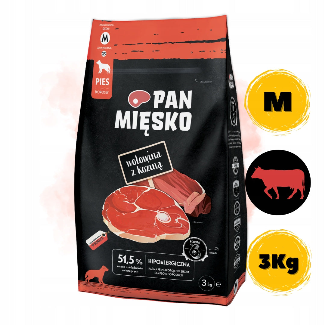 Pan Mięsko Karma Sucha Dla Psa Wołowina z Koziną Chrupki M 3kg