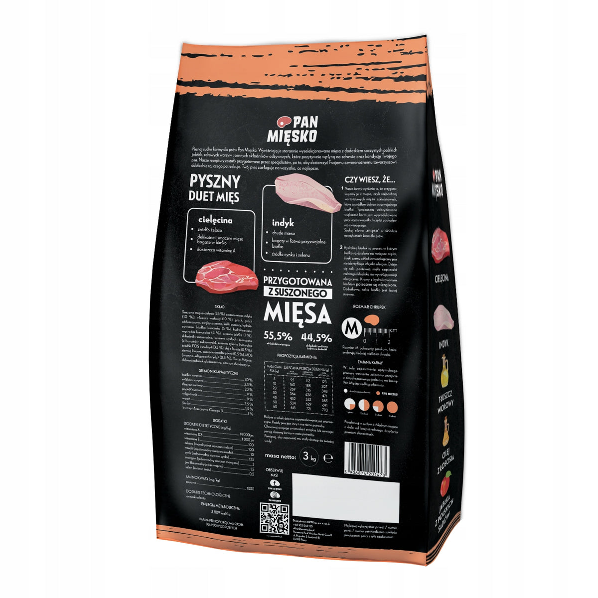 Pan Mięsko Cielęcina z Indykiem Sucha Karma dla Psa chrupki M 3kg