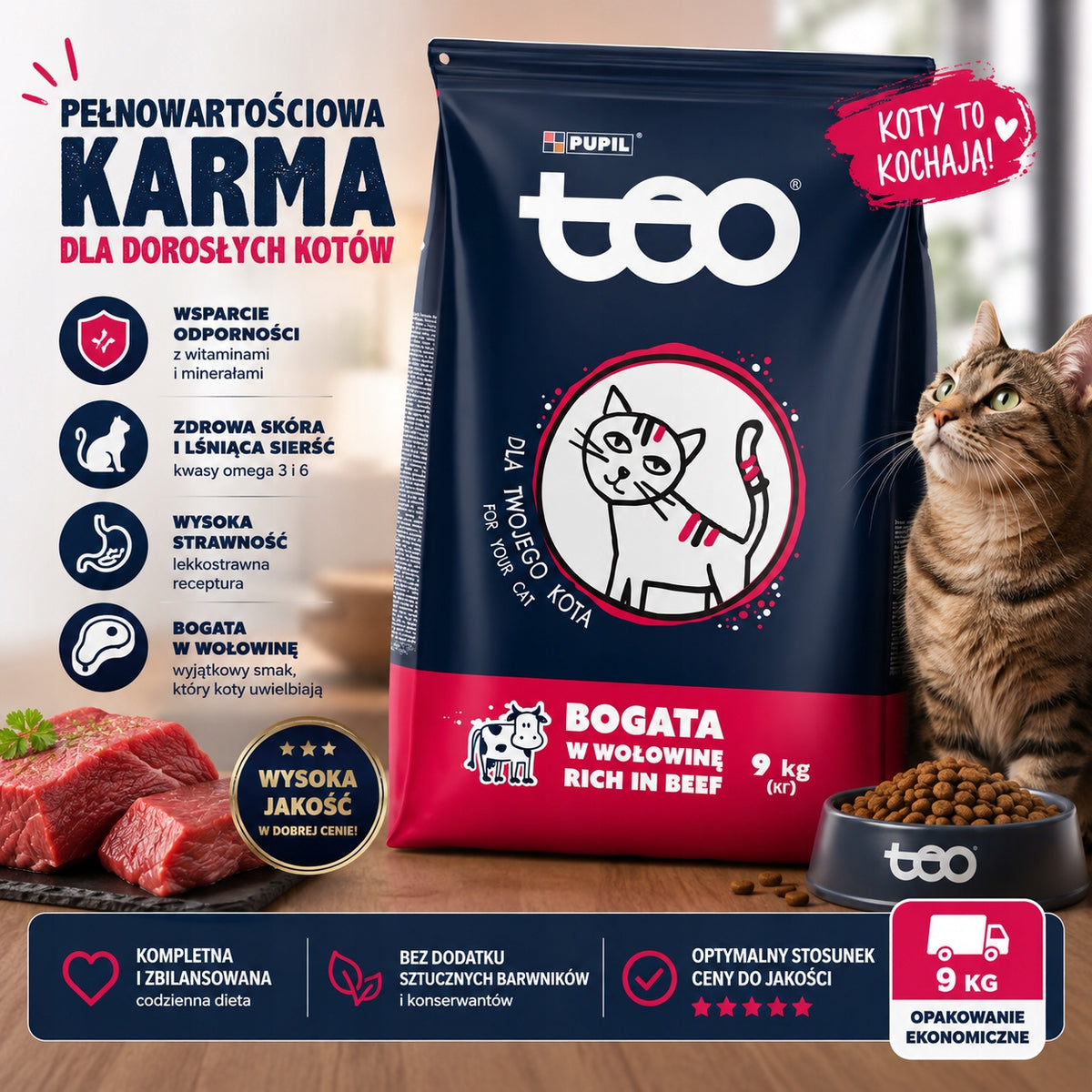 TEO Sucha Karma Dla Kota Bogata w WOŁOWINA 32% Mięsa 9kg