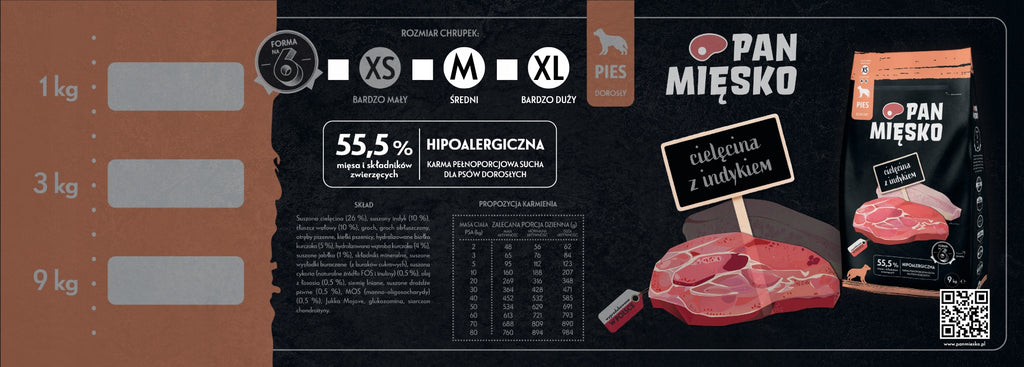 Pan Mięsko Cielęcina z Indykiem Sucha Karma dla Psa chrupki M 3kg