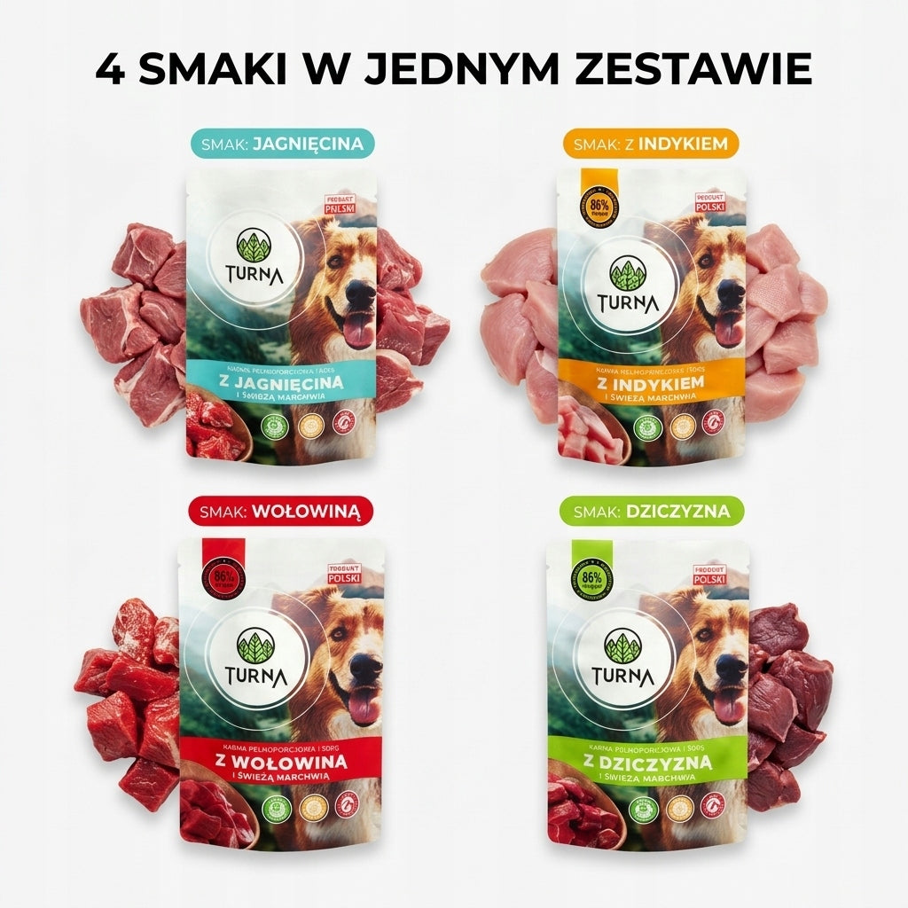 Mokra Karma Dla Psa Turna WIELKI MIX 4 Smaków 86% Mięsa Saszetka 12x500g
