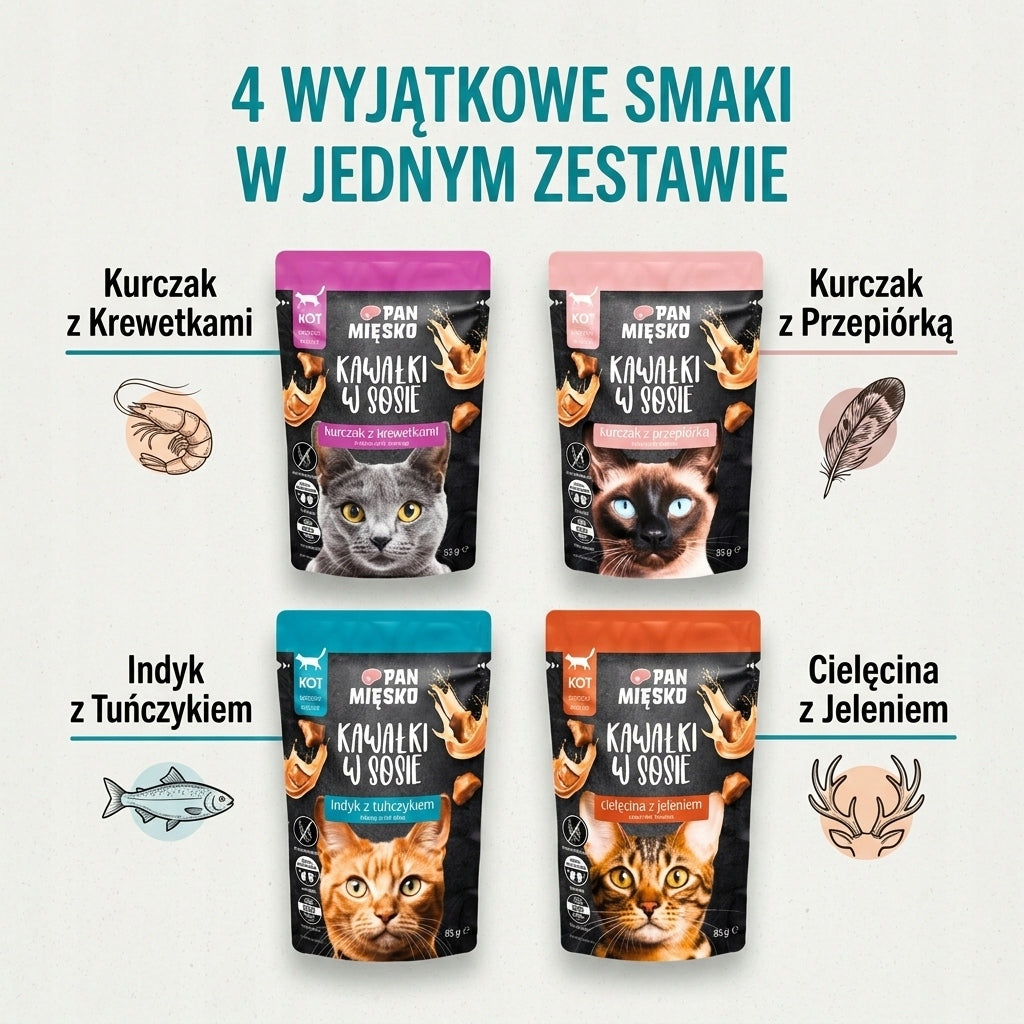 Pan Mięsko Mokra Karma Dla Kota Kawałki W Sosie WIELKI MIX 4 Smaków 24x85g