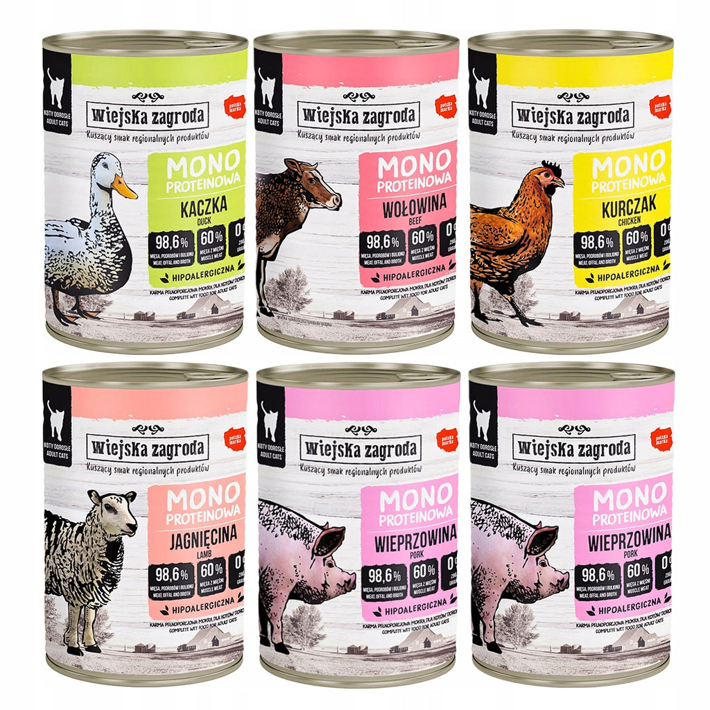 Wiejska Zagroda Mokra Karma Dla Kot Monobiałkowa WIELKI MIX 4 SMAKÓW 6x400g