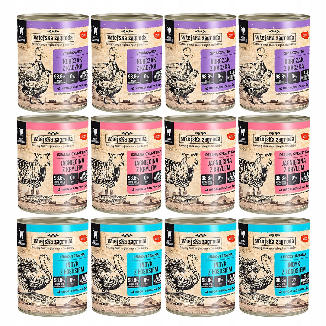 Wiejska Zagroda Mokra Karma Dla Kota Bezzbożowa Mix 3 Smaków 12x400g