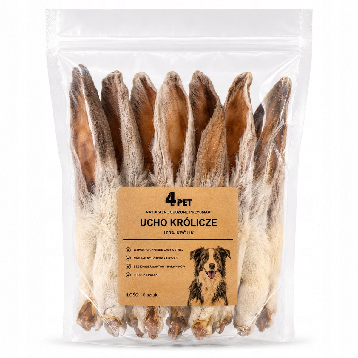 4PET Ucho Królicze z Futrem Naturalne 10szt