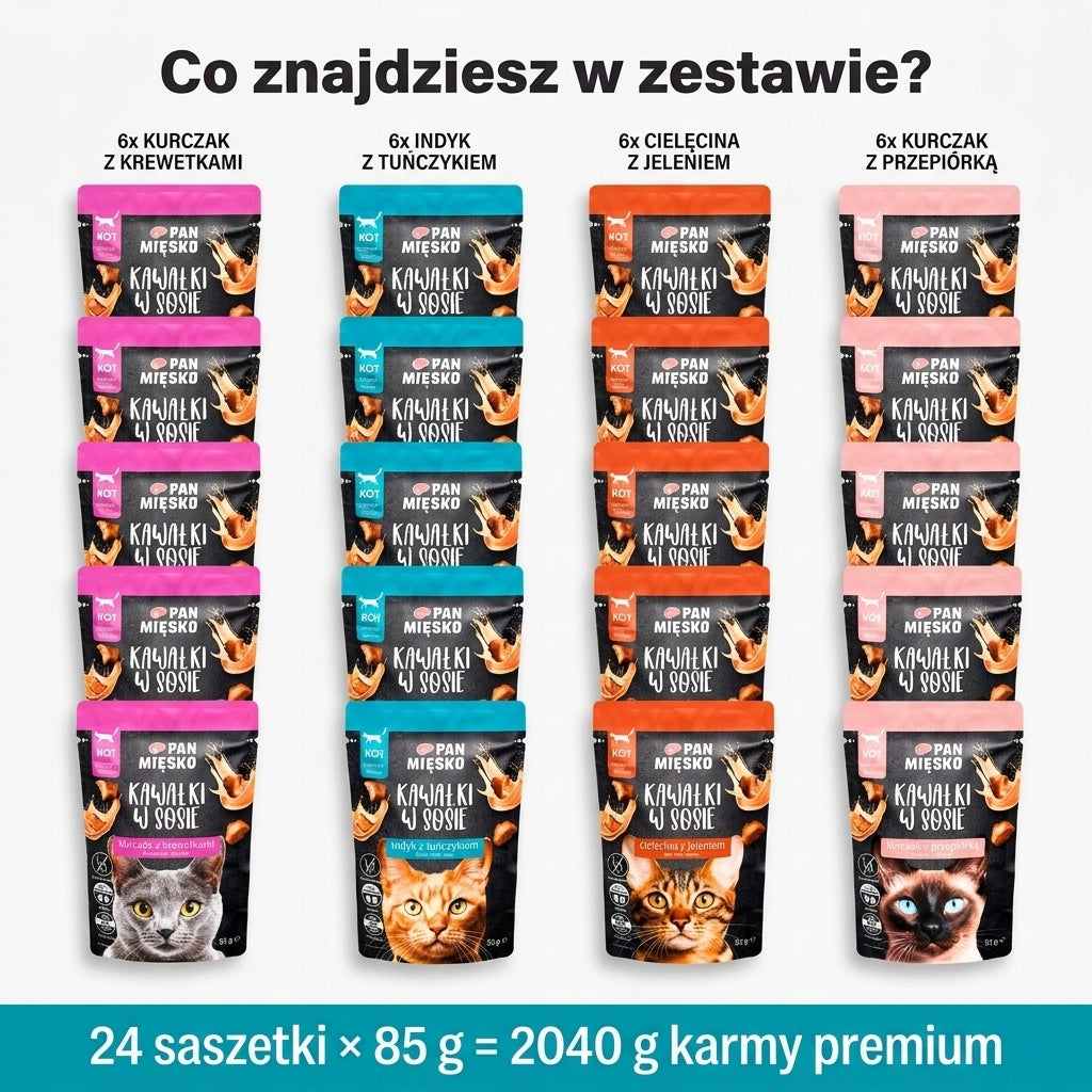Pan Mięsko Mokra Karma Dla Kota Kawałki W Sosie WIELKI MIX 4 Smaków 24x85g