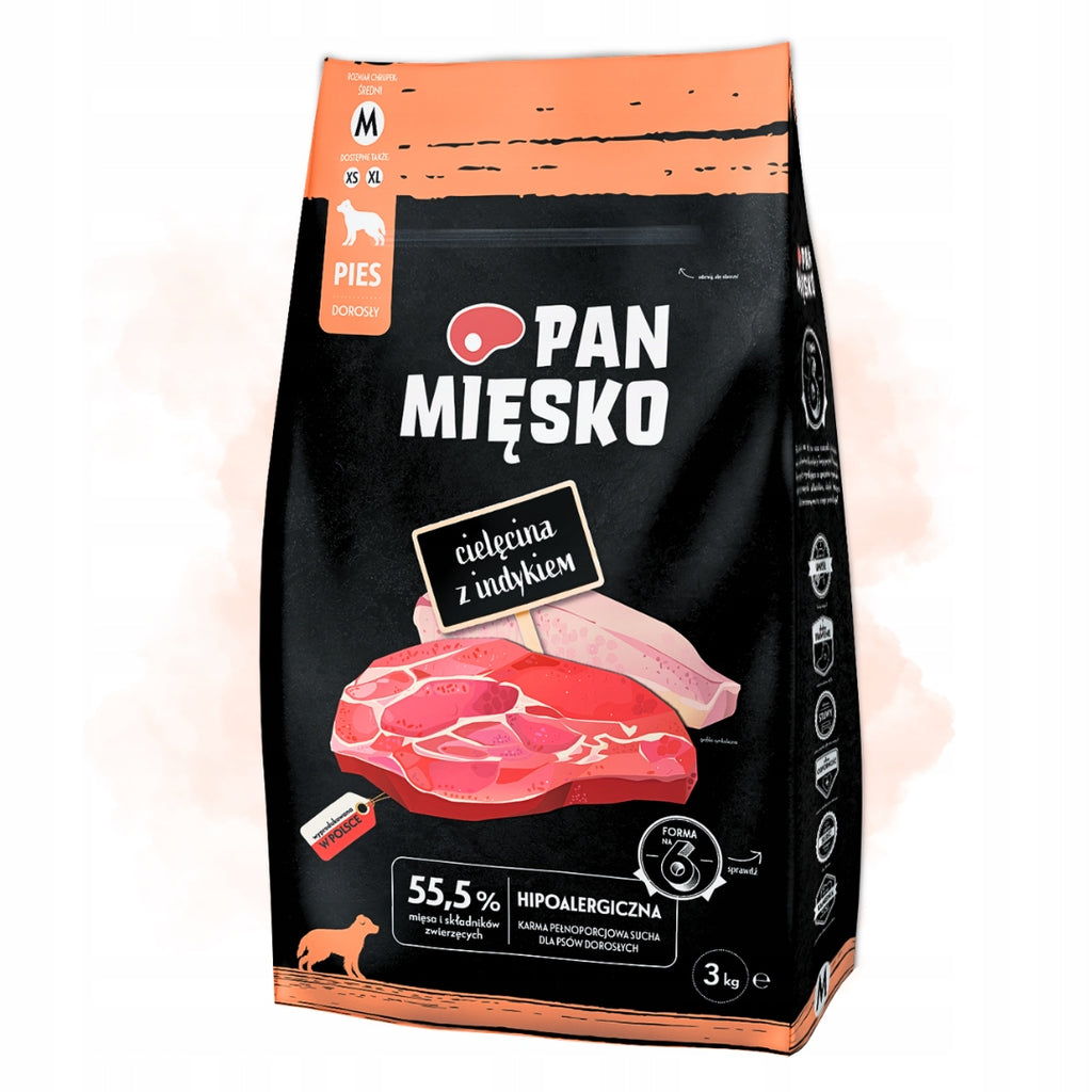 Pan Mięsko Cielęcina z Indykiem Sucha Karma dla Psa chrupki M 3kg