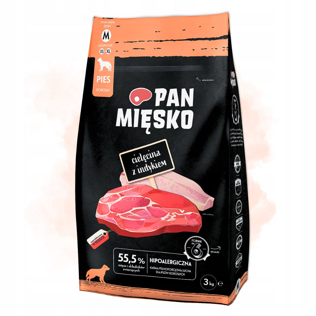 Pan Mięsko Cielęcina z Indykiem Sucha Karma dla Psa chrupki M 3kg