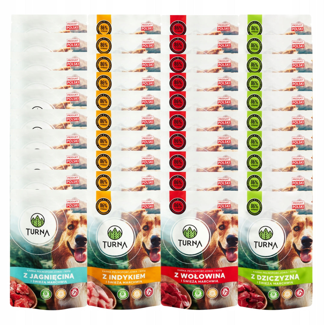 TURNA Mokra Karma Dla Psa MIX 4 Smaków 86% Mięsa Saszetka 40x500g 20kg