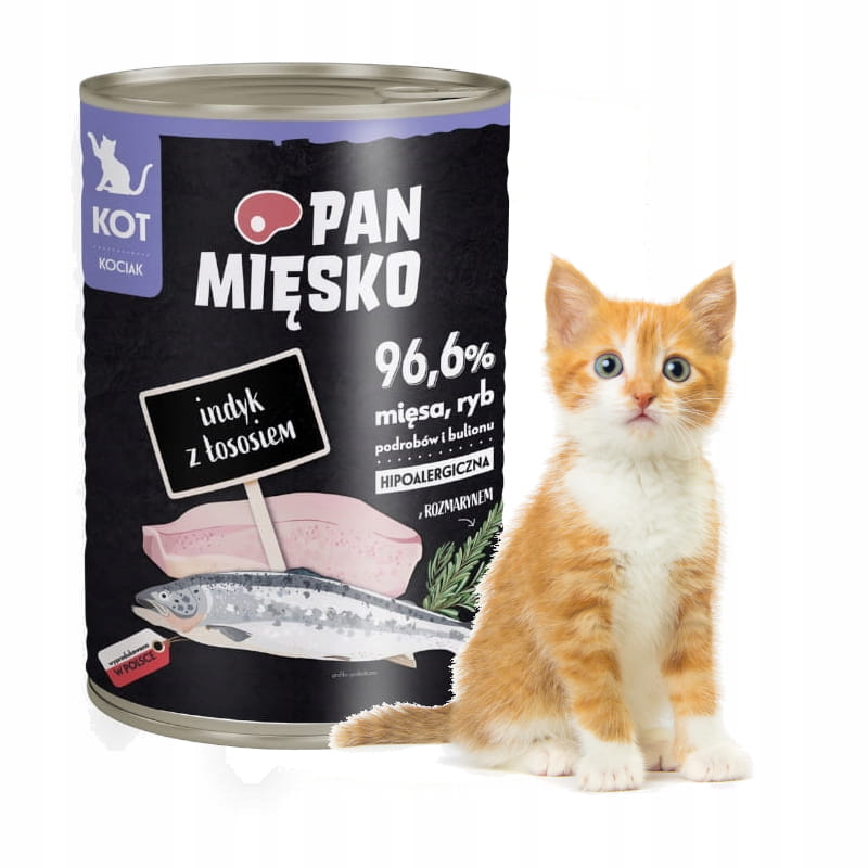 Pan Mięsko Karma Mokra Dla kota Kociaka Indyk z Łososiem 96% Mięsa 6x400 g