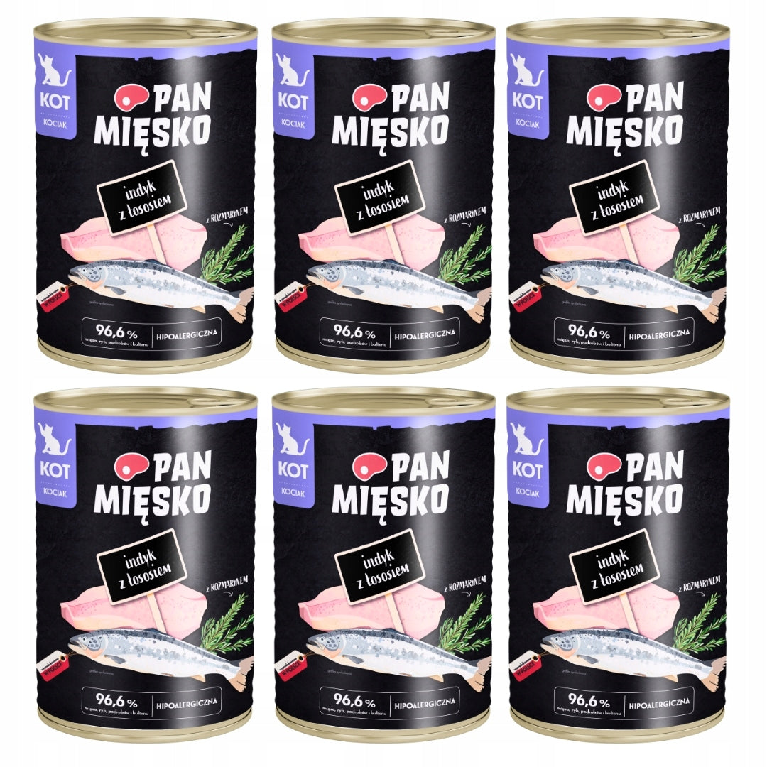 Pan Mięsko Karma Mokra Dla kota Kociaka Indyk z Łososiem 96% Mięsa 6x400 g