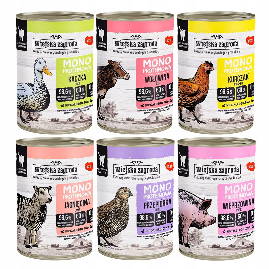 Wiejska Zagroda Mokra Karma Dla Kot Monobiałkowa WIELKI MIX 4 SMAKÓW 6x400g