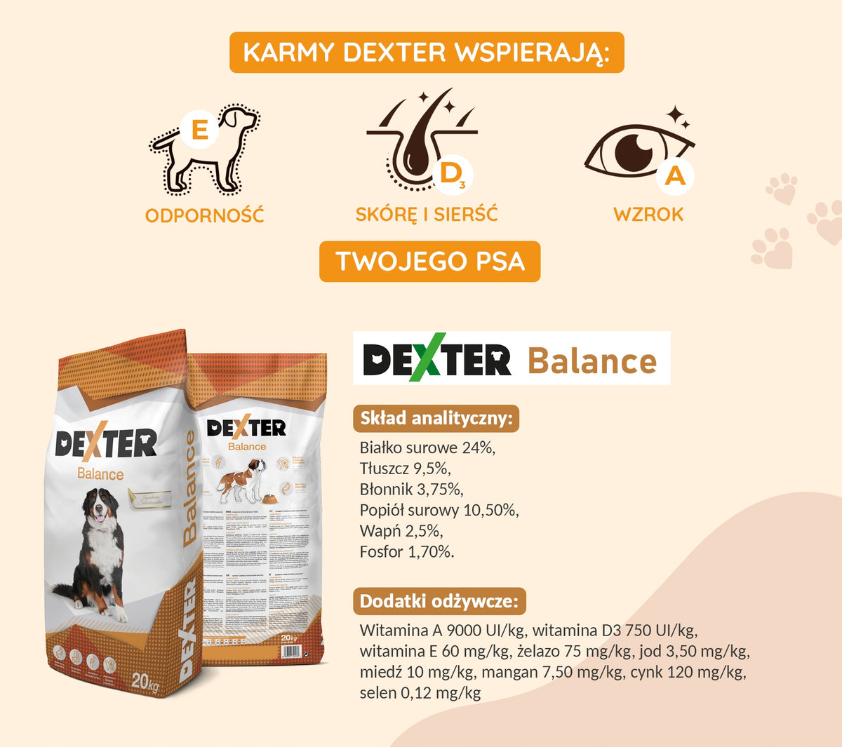 Sucha Karma Dla Psa Dexter Balance Z Witaminami Duże Rasy 20kg + Saszetka