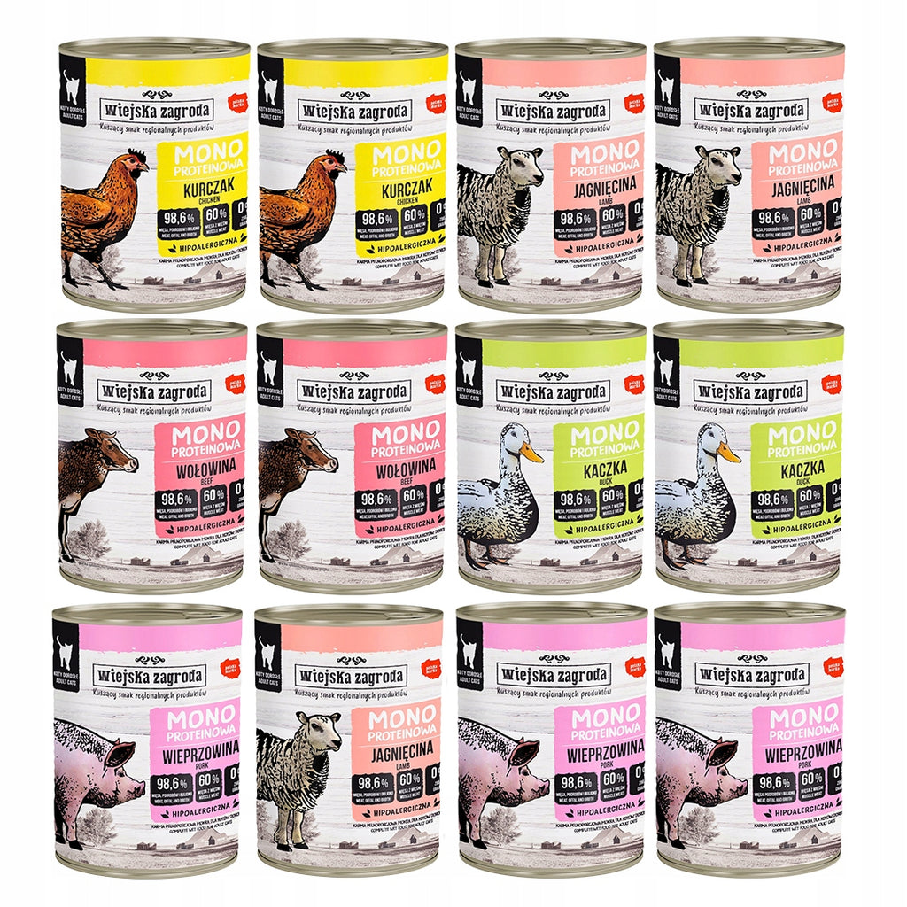 Wiejska Zagroda Mokra Karma Dla Kota Monobiałkowa MIX 4 SMAKÓW 12x400g