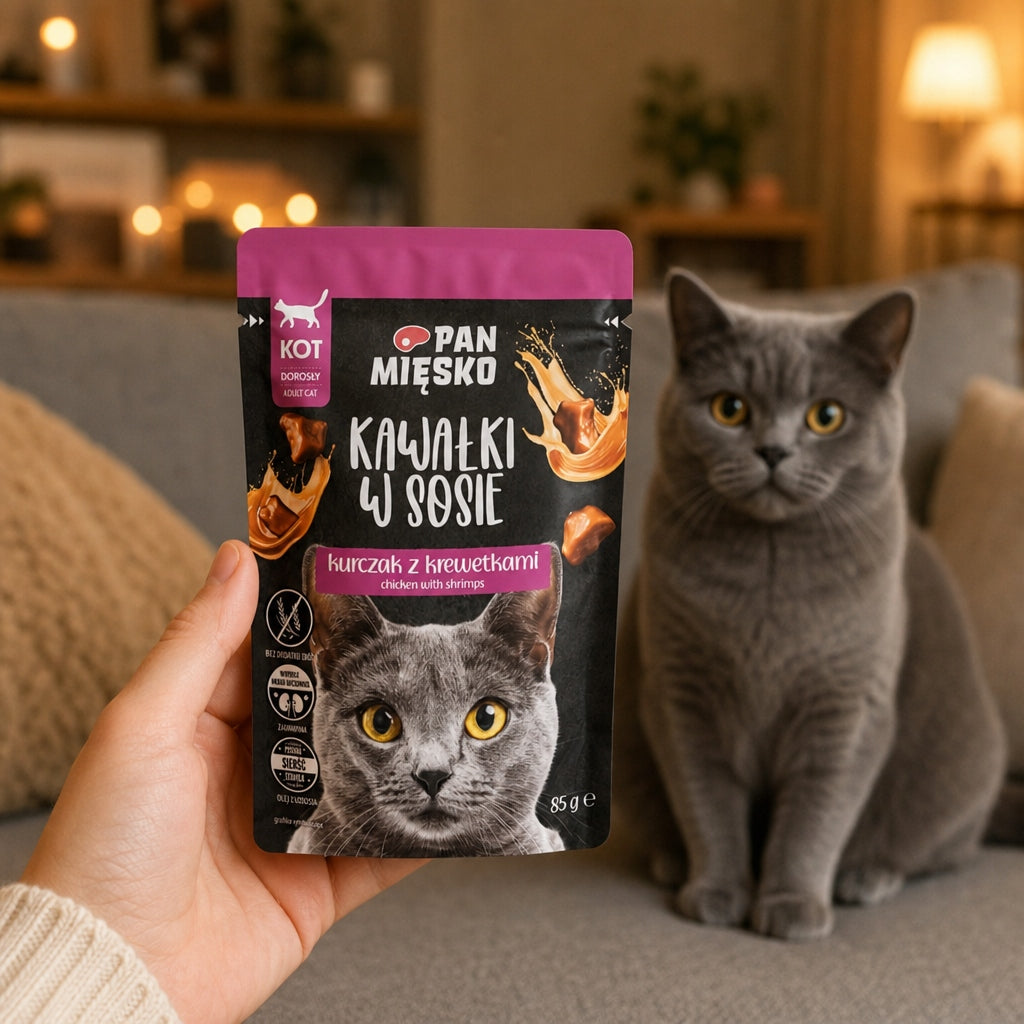 Pan Mięsko Mokra Karma Dla Kota Kawałki W Sosie Kurczak z Krewetkami 12x85g