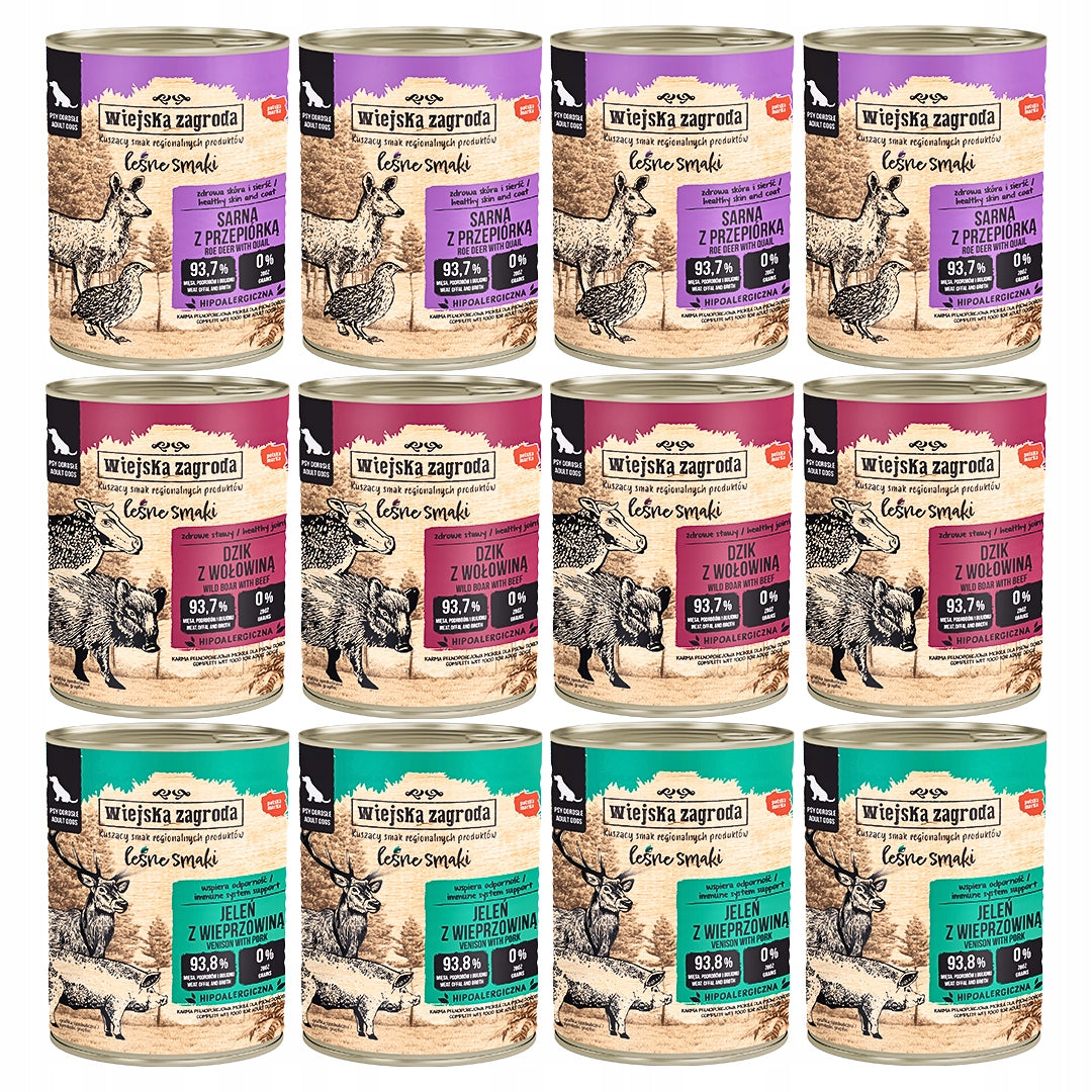 Wiejska Zagroda Mokra Karma Dla Psa WIELKI MIX 3 smaków Leśne smaki 12x400g