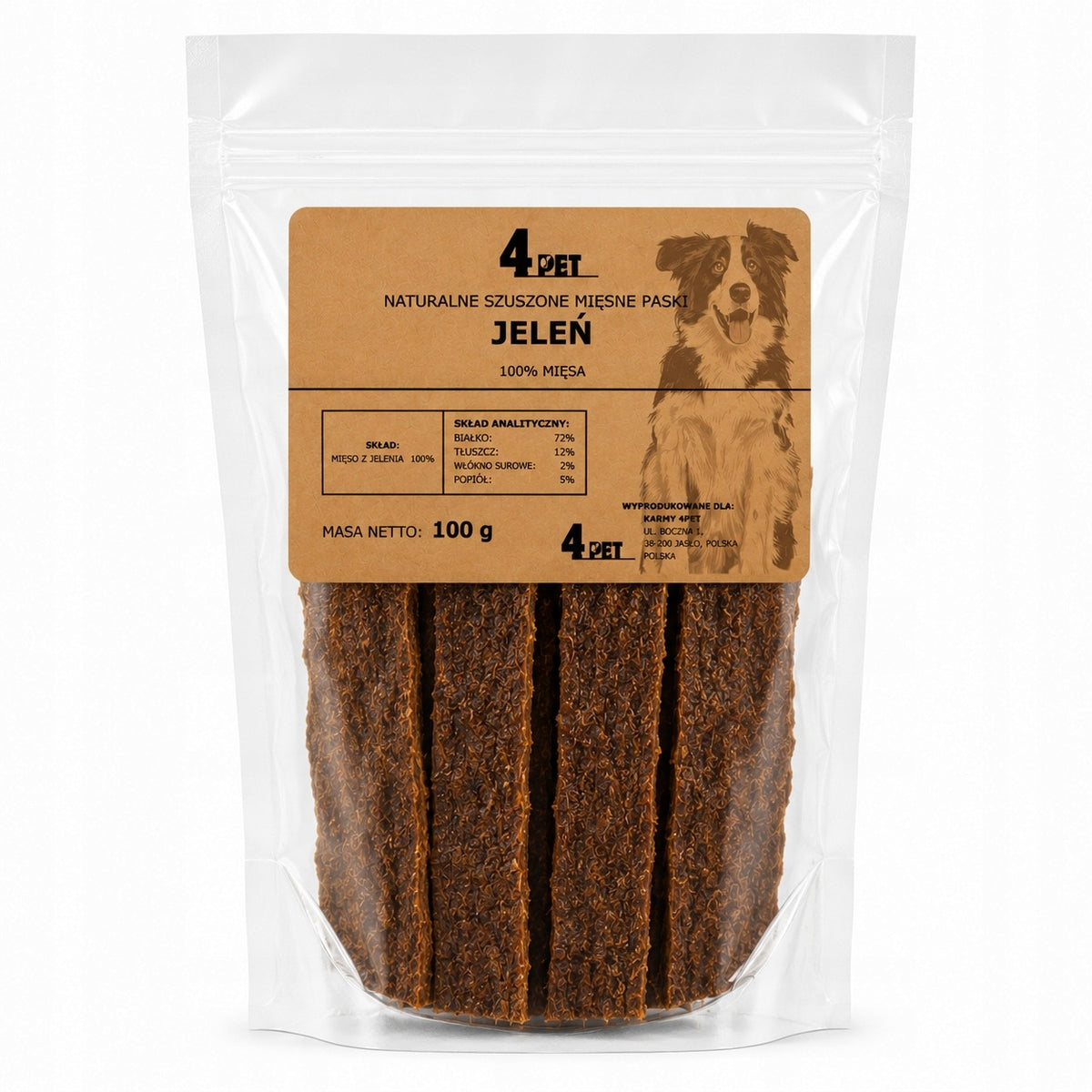4PET Przysmak Dla Psa Paski Mięsne Z Jelenia Premium 100g