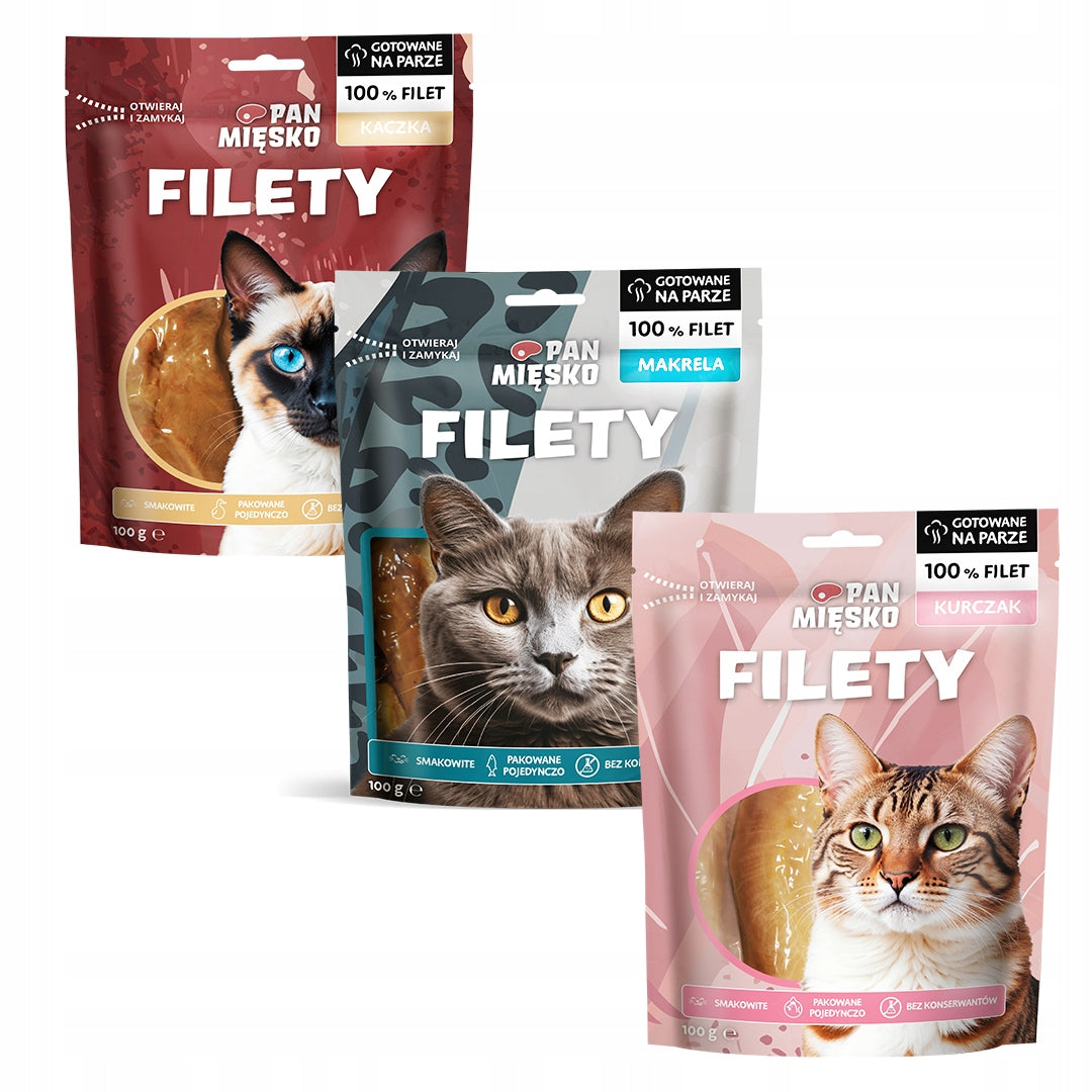 Przysmak Dla Kota Pan Mięsko WIELKI MIX 3 Smaków Filety 3x100g