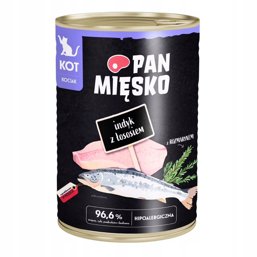 Pan Mięsko Karma Mokra Dla kota Kociaka Indyk z Łososiem 96% Mięsa 400g
