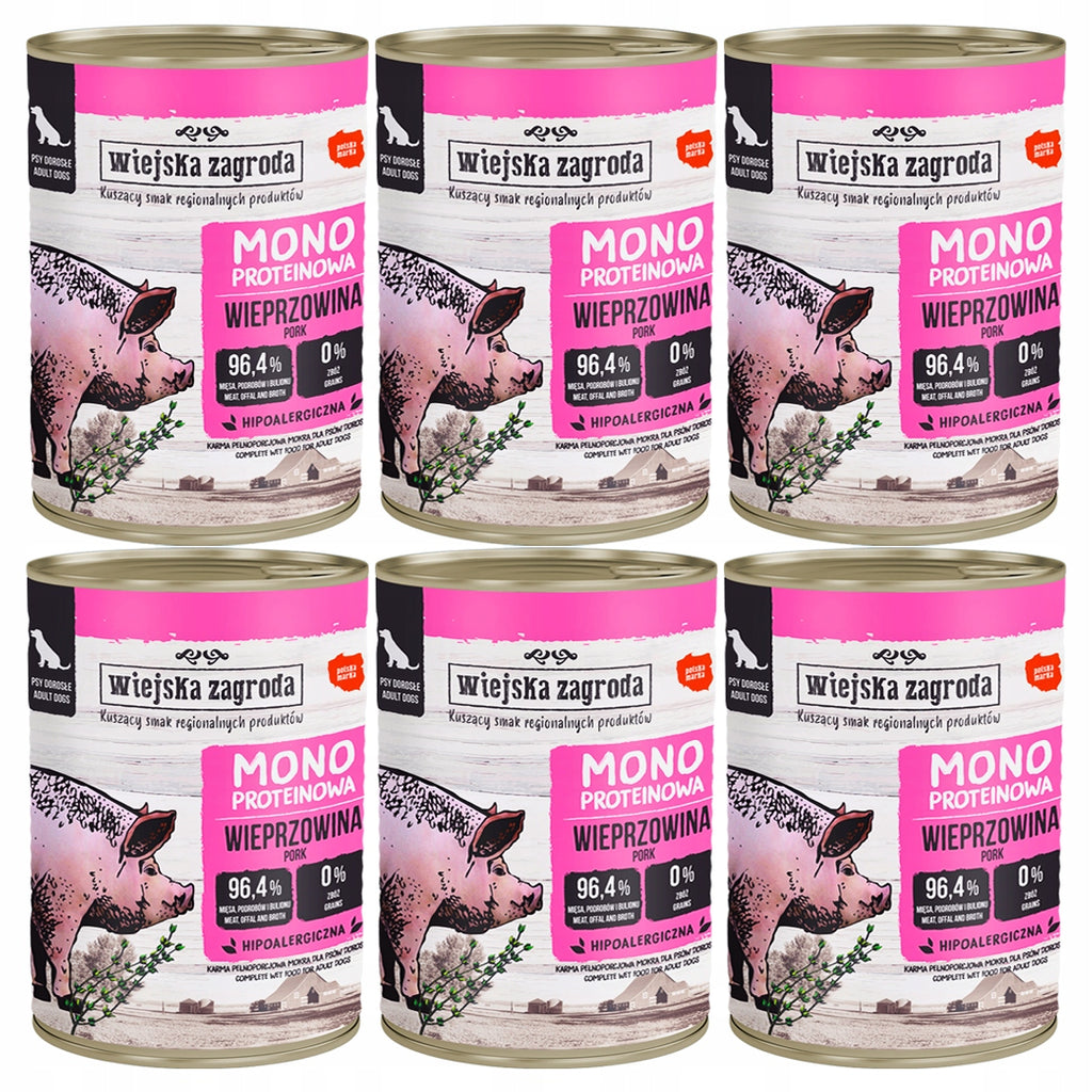 Wiejska Zagroda MONOPROTEINOWA Mokra Karma Dla Psa z Wieprzowiną 6x400g