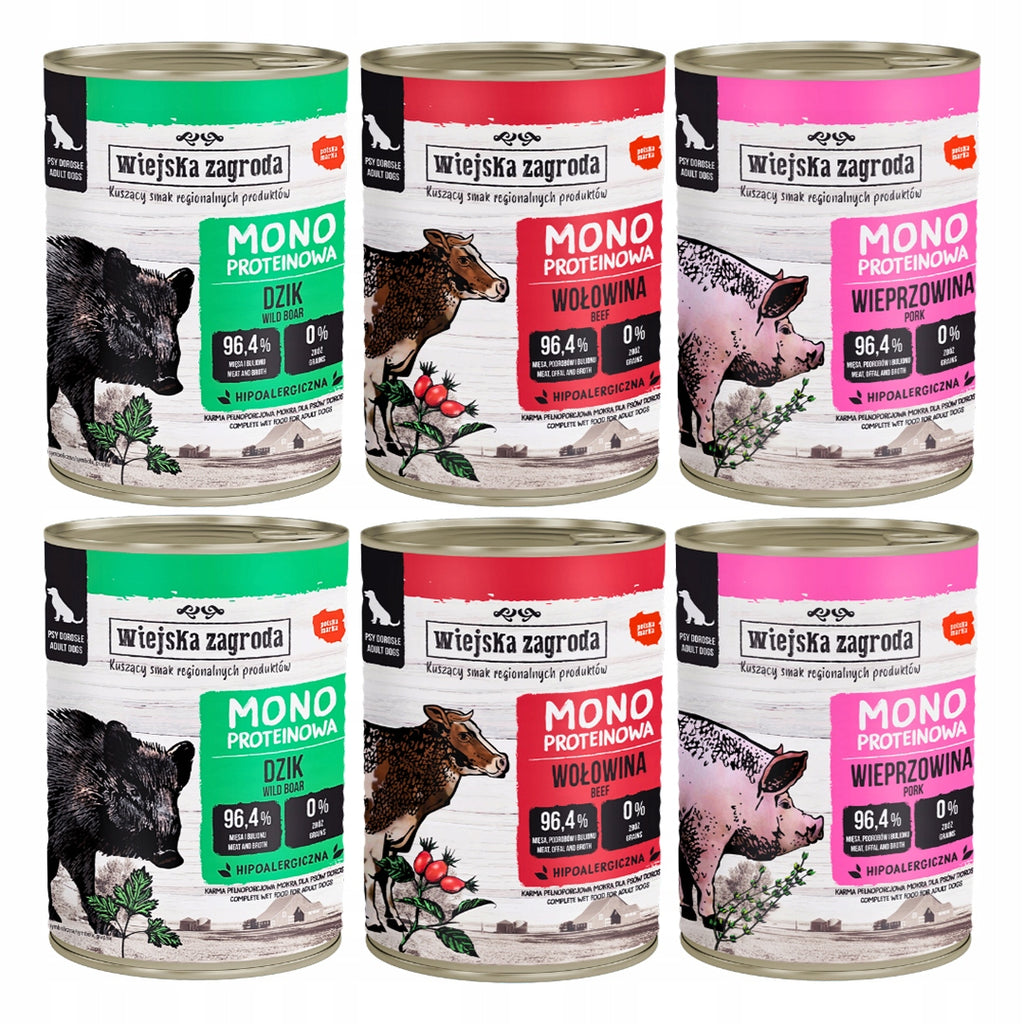 Wiejska Zagroda Mokra Karma Dla Psa Monobiałkowa MIX 3 Smaków 6x400g