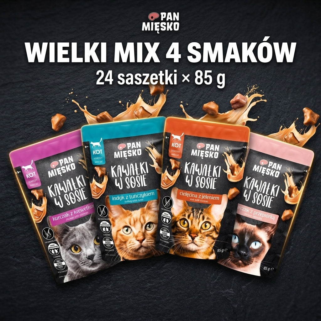 Pan Mięsko Mokra Karma Dla Kota Kawałki W Sosie WIELKI MIX 4 Smaków 24x85g