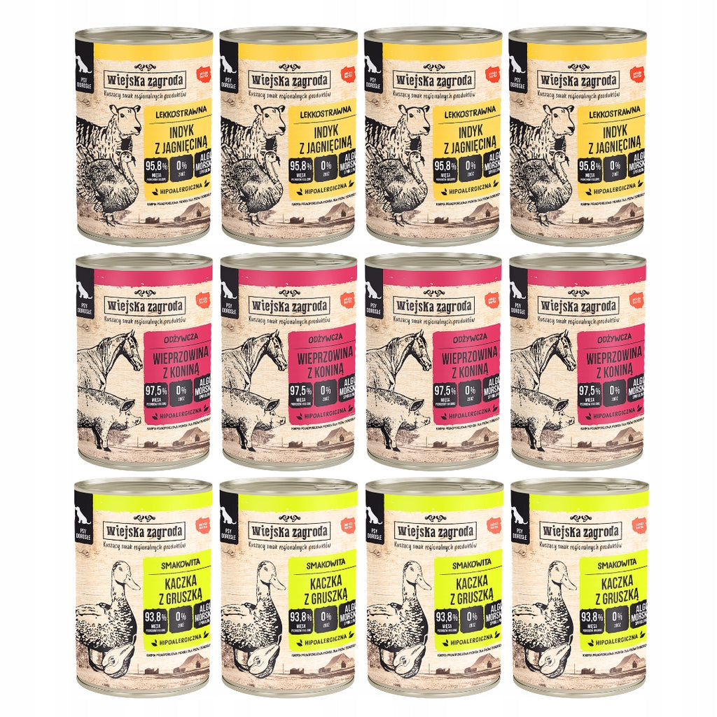 Wiejska Zagroda Mokra Karma Dla Psa WIELKI MIX 3 Smaków 12x400g