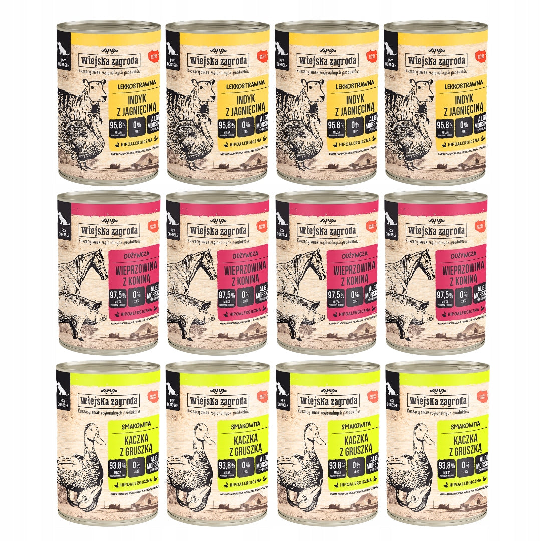 Wiejska Zagroda Mokra Karma Dla Psa WIELKI MIX 3 Smaków 12x400g
