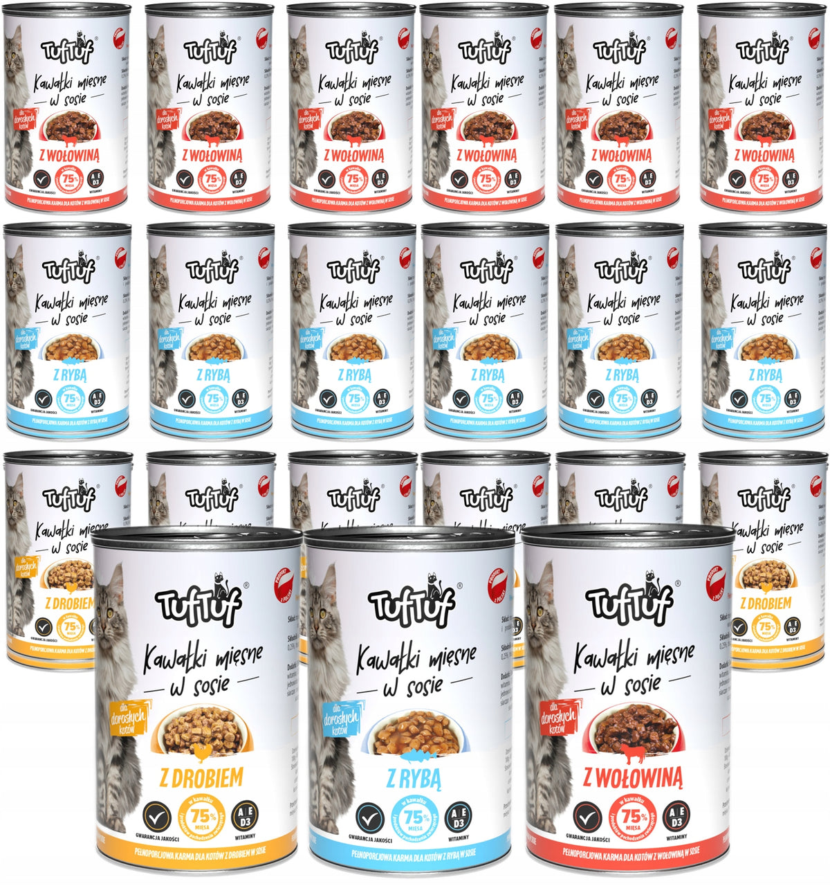 TufTuf Mokra Karma Dla Kota Kawałki W Sosie WIELKI MIX 3 Smaków 24x415G