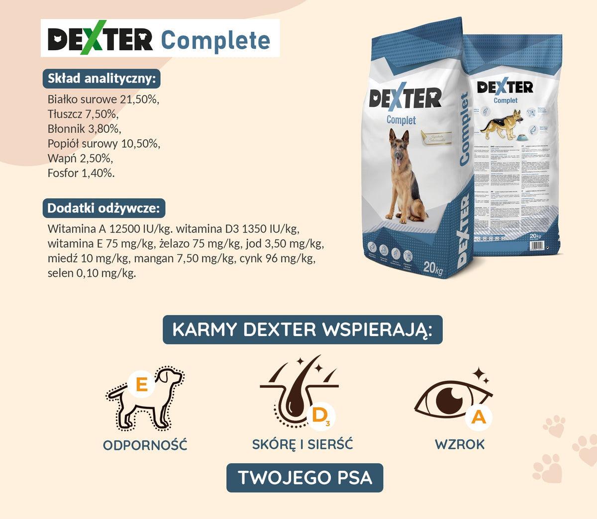 Karma Sucha Dexter Complete Dla Psa Z Witaminami Duże Rasy Owczarek 20kg